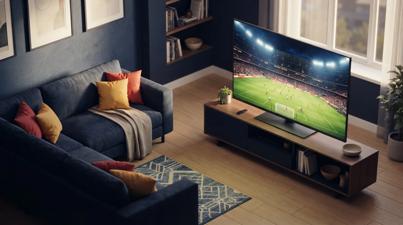 Ein Fernseher zeigt einen grünen Fußballplatz neben einem schlichten Sofa