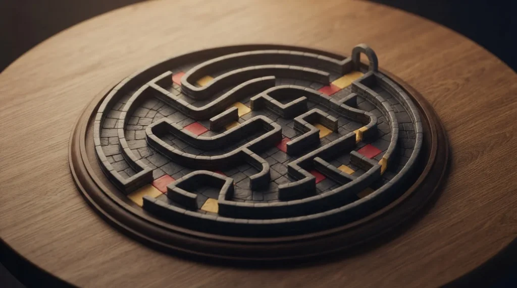 Geometrischer Pfad mit mehreren Abzweigungen auf einer hellen Tischfläche