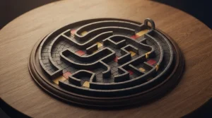 Geometrischer Pfad mit mehreren Abzweigungen auf einer hellen Tischfläche