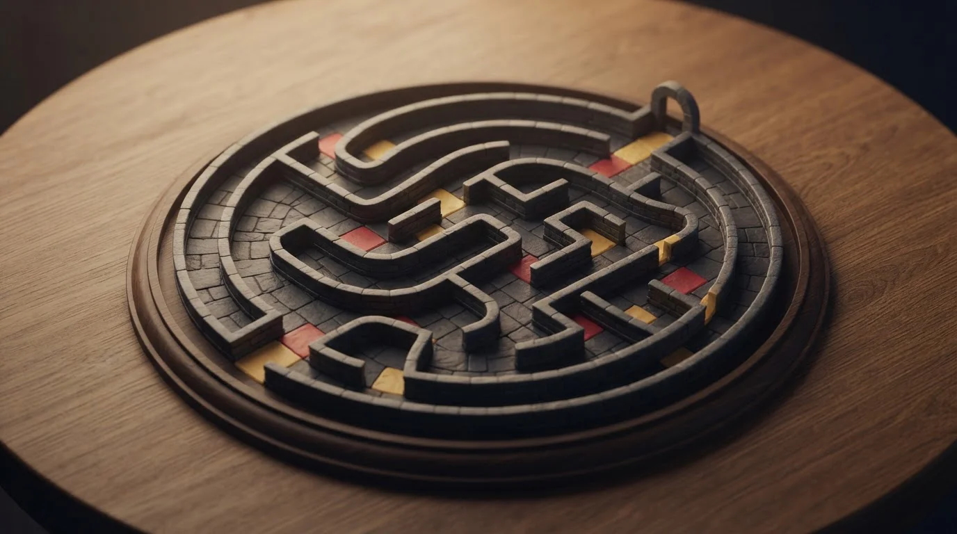 Geometrischer Pfad mit mehreren Abzweigungen auf einer hellen Tischfläche