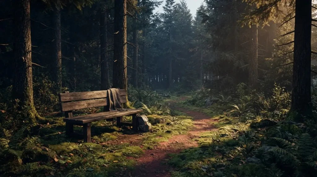Hölzerne Sitzbank neben einem ruhigen Waldweg zwischen hohen Bäumen