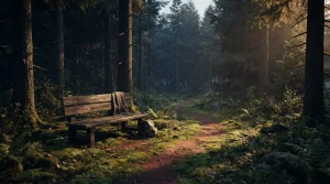 Hölzerne Sitzbank neben einem ruhigen Waldweg zwischen hohen Bäumen