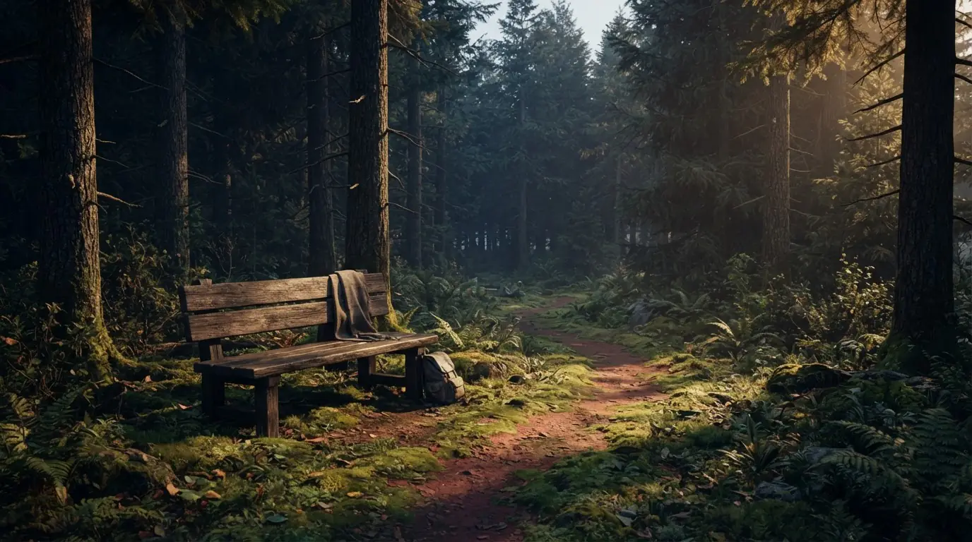 Hölzerne Sitzbank neben einem ruhigen Waldweg zwischen hohen Bäumen